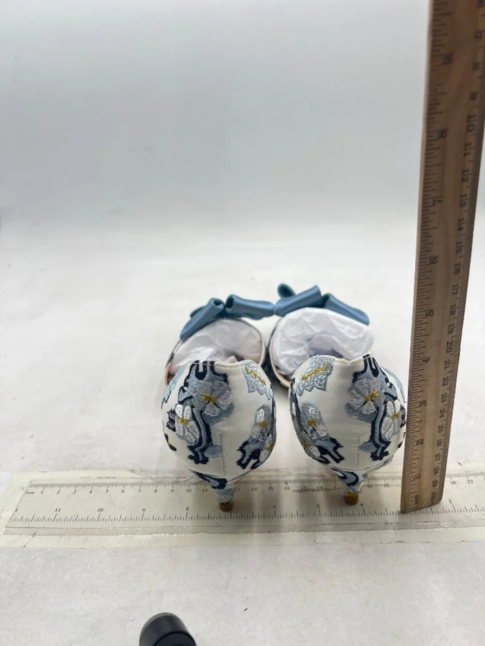 XYD Blue Bloom Embroidery D'Orsay Kitten Heel Bridal Bowknot Pump Point Toe Shoe